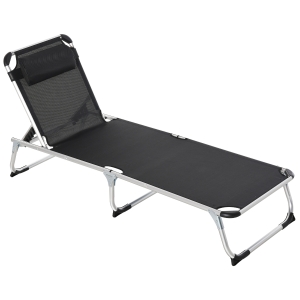 Outsunny Foldable Reclining Sun Lounger Lounge Chair Camping Bed Cot with Pillow 5-Level Adjustable Back Aluminium Frame for Patio Garden Beach Pool Black