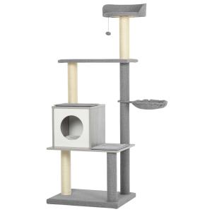 PawHut Multi-level Cat Tree with Sisal-Covered Scratching Posts, House and Baskets Activity Center for kittens Cat Tower Furniture 61L x 49W x 160.5H cm Grey White
