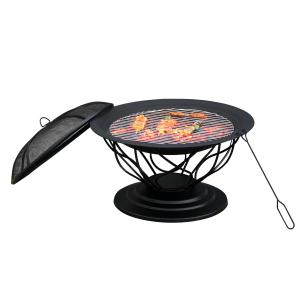 Outsunny 2-in-1 Outdoor Patio Fire Pit with Grill Grate Steel BBQ Firepit Bowl with Spark Screen Cover, Fire Poker for Backyard Bonfire Patio
