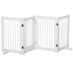 PawHut Freestanding Pet Gate 4 Panel Wooden Dog Barrier Folding Safety Fence with Support Feet Walkthrough Door up to 204cm Wide 75cm Tall for Doorway Stairs White