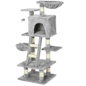 PawHut 125cm Plush Cat Tree Activity Center Sisal Rope Scratching Posts Hanging Ball Basket Perch Condo Grey