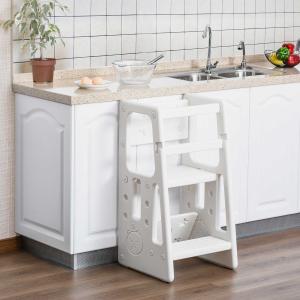 HOMCOM Kids Step Stool Adjustable Standing Platform Toddler Kitchen Stool -Standing Tower for Kids Kitchen Counter Learning with Three Adjustable Heights, White