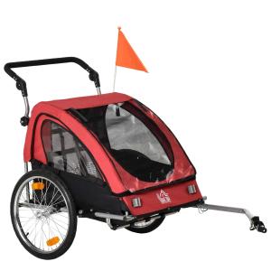 HOMCOM Child Bike Trailer 2 In1 Foldable Baby Stroller 2-Seater Transport Carrier with Adjustable Handlebar Storage Bag Reflector Flag 160L x 84W x 106H cm Red
