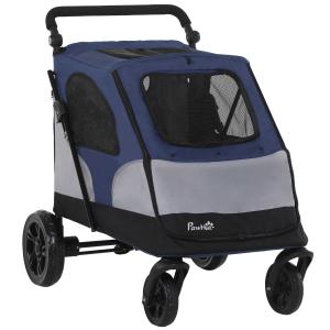 PawHut Dog Stroller Foldable Pet Trolley Pushchair Carrier Adjustable Handlebar for Medium Large Dogs Blue