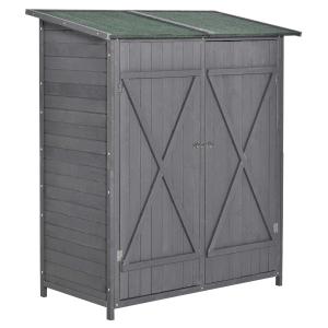 Outsunny Garden Wood Storage Shed w/ Storage Table, Asphalt Roof, Double Door Lockable Sheds & Outdoor Storage Tool Organizer, 139 x 69 x 160cm, Grey