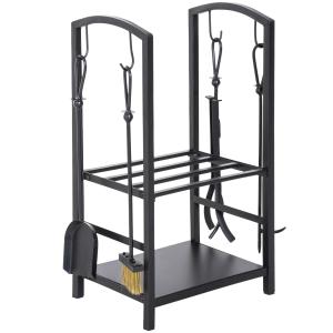Outsunny HOMCOM Indoor Outdoor Firewood Log Rack Holder Wood Lumber Storage with Hooks 4 Tools Black