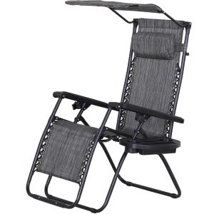 Outsunny Zero Gravity Garden Deck Folding Chair Patio Sun Lounger Reclining Seat with Cup Holder & Canopy Shade - Grey
