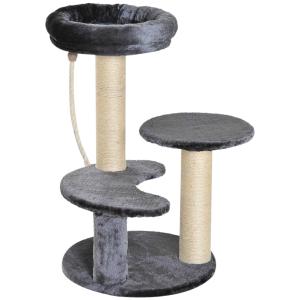 PawHut 65 cm Cat Tree Kitty Scratcher Kitten Activity Center Scratching Post Playhouse 2 Perch w/ Hanging Sisal Rope Grey