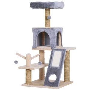 PawHut Cat Tree Tower with Natural Seaweed Scratch Posts Plush Perch, Ladder and Teasing Toy Ball