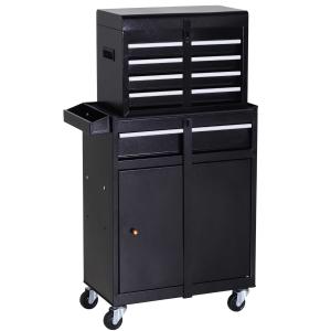 DURHAND 2 in 1 Metal Tool Cabinet Cart Storage Box Cabinet w/ 4 Drawers Pegboard Wheels Chest Black