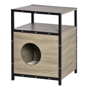 PawHut Wooden Cat House Kitty Shelter Bed with Cushion Cat litter box End Table Hideaway Cabinet with Storage Grey 48 cm x 40 cm x 64.5 cm