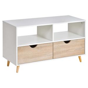 HOMCOM TV Stand with Shelf & Drawers Storage Cabinet Media Entertainment Center Modern White and Natural Wood Color
