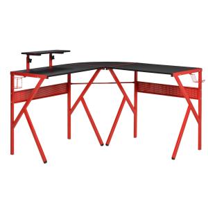 HOMCOM Gaming Desk L-Shaped Corner Computer Table for Home Office PC Workstations with Adjustable Monitor Stand Cup Holder Headphone Hook 125x125x75cm, Red