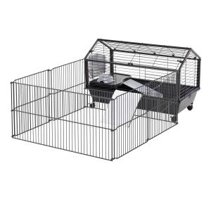 PawHut Metal Rabbit Guinea Pig Hutch Small Animal Cage Run Space Main House Wheels Brakes