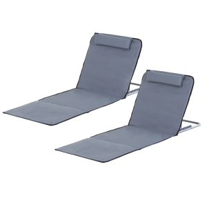 Outsunny 2 Pieces Outdoor Lounger Beach Mat Patio Steel Reclining Chair Set w/ Pillow Sunbath Grey
