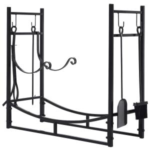 Outsunny Firewood Stand Log Rack Holder 84cm with 4-PC Fireplace Tools Set, Indoor Outdoor, Metal, Black