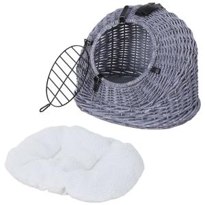 PawHut Wicker Pet Carrier Basket Cat Kitten Bed Portable Travel Cage w/ Soft Cushion Handle Grey 50 x 40 x 40 cm