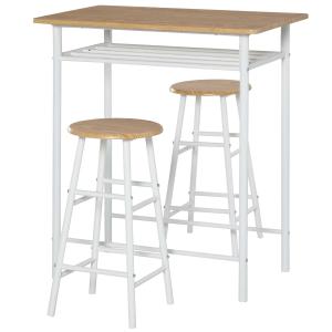 HOMCOM Bar Table Set, Bar Set-1 Bar Table and 2 Stools with Metal Frame Footrest and Storage Shelf, for Kitchen, Dining Room, Pub, Cafe, White and Oak