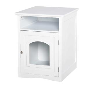 PawHut Wooden Cat Washroom Pet Litter Box Decorative Kitten House Nightstand End Table Indoor with Magnetic Door White