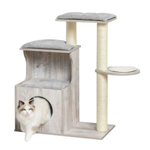PawHut Cat tree Tower Climbing Activity Center Kitten Furniture with Sisal Scratching Post Condo Perch Cushions Velcro 66 x 38 x 88cm Grey