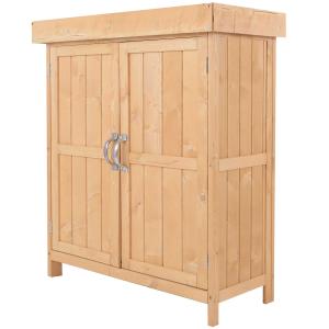 Outsunny Garden Shed Outdoor Garden Storage Shed Wooden Chest Double Doors with Shelf Hinged Roof Compact Size, 74 x 43 x 88cm, Burlywood