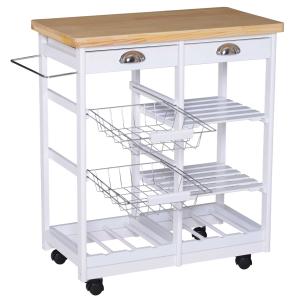 HOMCOM Rolling Kitchen Island Trolley Cart Drawer Shelves Basket Wheels W/ 6 Bottle Wine Rack White