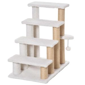 PawHut Pet Stairs Dogs Cats Ladders Steps 4 Step Portable Funny Cozy Surface For Dogs And Cats With Cat Ball And Sctraching Post, White