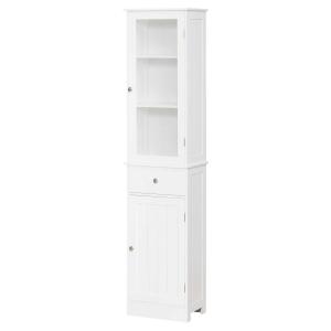 kleankin Bathroom Storage Cabinet with 3-tier Shelf Drawer Glass Door, Floor Cabinet Free Standing Tall Slim Side Organizer Shelves, White