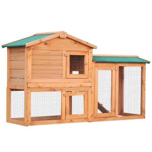 Pawhut 2 Tier Wooden Rabbit Hutch Bunny Cage Pull Out Tray Small Animal House w/ Ramp 145 x 45 x 85 cm
