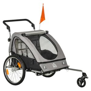 HOMCOM Child Bike Trailer 2 In1 Foldable Baby Stroller 2-Seater Transport Carrier with Adjustable Handlebar Storage Bag Reflector Flag Grey