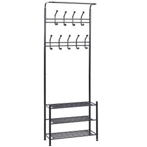 HOMCOM Coat Rack Stand Hall Tree Hallway Furniture with 18 Hooks 3-Tier Shoe Rack Metal Frame for Entryway Bedroom Living Room Black