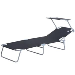 Outsunny Reclining Chair Folding Lounger Seat with Sun Shade Awning Beach Garden Outdoor Patio Recliner Adjustable (Black)