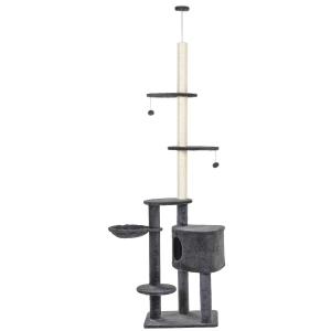 PawHut Floor to Ceiling Cat Tree Play Tower Climbing Activity Center Scratching Post Platforms Condo Adjustable Height 220-265cm Dark Grey