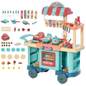 HOMCOM 50 Pcs Kids Fast Food Shop Cart Pretend Playset Kitchen Supermarket Toys Trolley Set with Play Food Money Cash Register Accessories Gift for Boys Girls Age 3-6