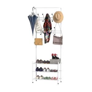HOMCOM Coat Rack Stand Hall Tree Hallway Furniture with 18 Hooks 3-Tier Shoe Rack Metal Frame for Entryway Bedroom Living Room White