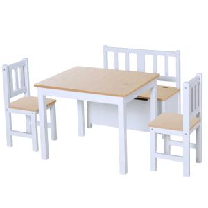 HOMCOM 4-Piece Kids Table and Chair Set with 2 Wooden Chairs, 1 Storage Bench, and Interesting Modern Design, Natural/White