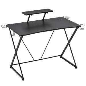 HOMCOM Gaming Computer Desk with Monitor Shelf Ergonomic Writing Racing Table Workstation Cup Holder Headphone Hook Subwoofer Rack Cable Hole Curved Front for Home Office Use Black