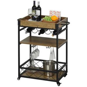 HOMCOM Retro Industrial Bar Serving Cart Rolling Kitchen Island Storage Utility Trolley with 5-bottle Wine Rack & Serving Tray
