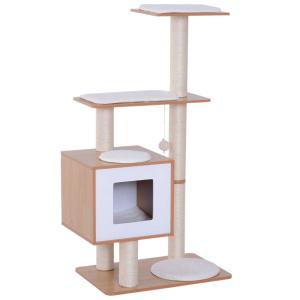 PawHut Wood Cat Tree Scratching Post Kitten House Condo Activity Center w/ Cushion Hanging Toy Multi-level