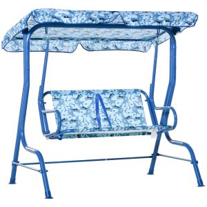 Outsunny Kids Two-Seater Swing Chair Double Garden Seat w/ Belt Adjustable Canopy Fun Toddler Glider Hammock Lounge Backyard Blue
