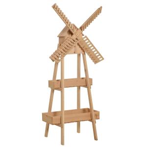 Outsunny 32'' x 17'' x 61'' 2 Tier Wooden Plant Shelf with Windmill & Bird House Plant Pots Holder Stand Indoor Outdoor