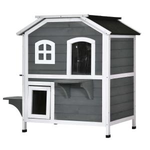PawHut Wooden Cat House Condos Cat Cave Pet Shelter 2 Floor Villa Outdoor Furniture Grey