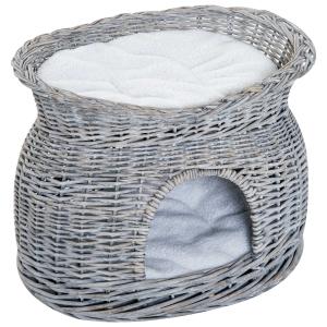 PawHut 2-Tier Wicker Cat House Elevated Pet Bed Basket Willow Kitten Tower Pet Den. Cozy Cave with Washable Cushions 56x37x40cm Grey