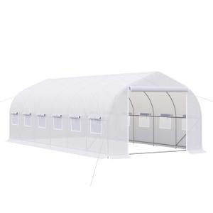 Outsunny Invernadero de Túnel 595x300x200 cm Invernadero de Jardín Grande con 12 Ventanas y Puerta Enrollable con Cremallera para Cultivo Plantas Blanco