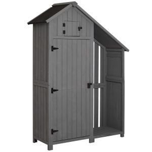 Outsunny Armoire abri de jardin avec range-bûches toit bitumé bois pin traité gris