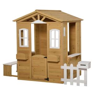 Outsunny Casita Infantil de Exterior a Partir de 3 Años Casa de Juegos de Madera con Buzón Banco 210x107x140 cm para Exterior Interior Color Madera Natural