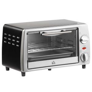 HOMCOM Horno Eléctrico de Convección Sobremesa 10 Litros 750W con Temperatura hasta 230 ℃ Temporizador 60 Minutos Bandeja y Rejilla 36,5x26x22 cm Negro y Plata
