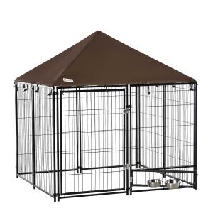 PawHut Parque para Perros con Toldo Perrera Metálica de Exterior con Soporte Giratorio para Comida 2 Cuencos Incluidos y Cerradura para Mascotas Jardín 141x141x121 cm Negro