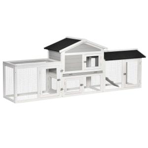 PawHut 2 Tier Wooden Rabbit Hutch Small Pet House Bunny Run Cage with Pull Out Tray Ramps Lockable Doors Large Run Area Asphalt Roof for Outdoor Grey