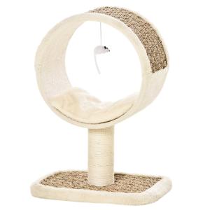 PawHut Árbol para Gatos Torre de Rascado de Gato con Túnel Superior Poste Rascador de Yute Natural Cojín Extraíble y Juguete Colgante 40x30x56 cm Beige